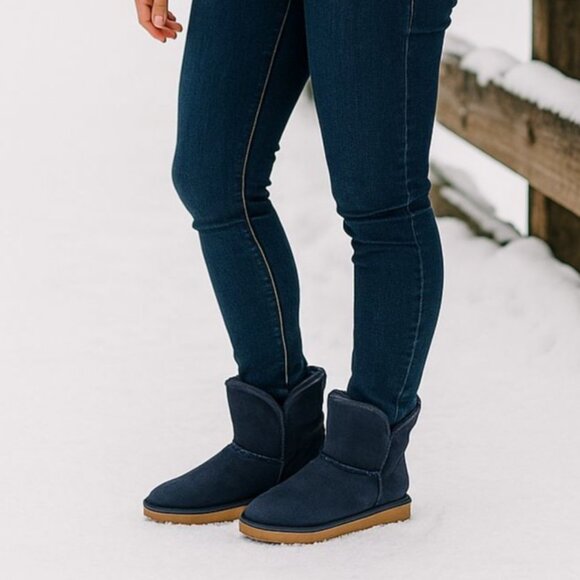 KS 9 Real Fur Boots Women Shearling Sheepskin Suede Scalloped Fold Over Shoes - Picture 1 of 14